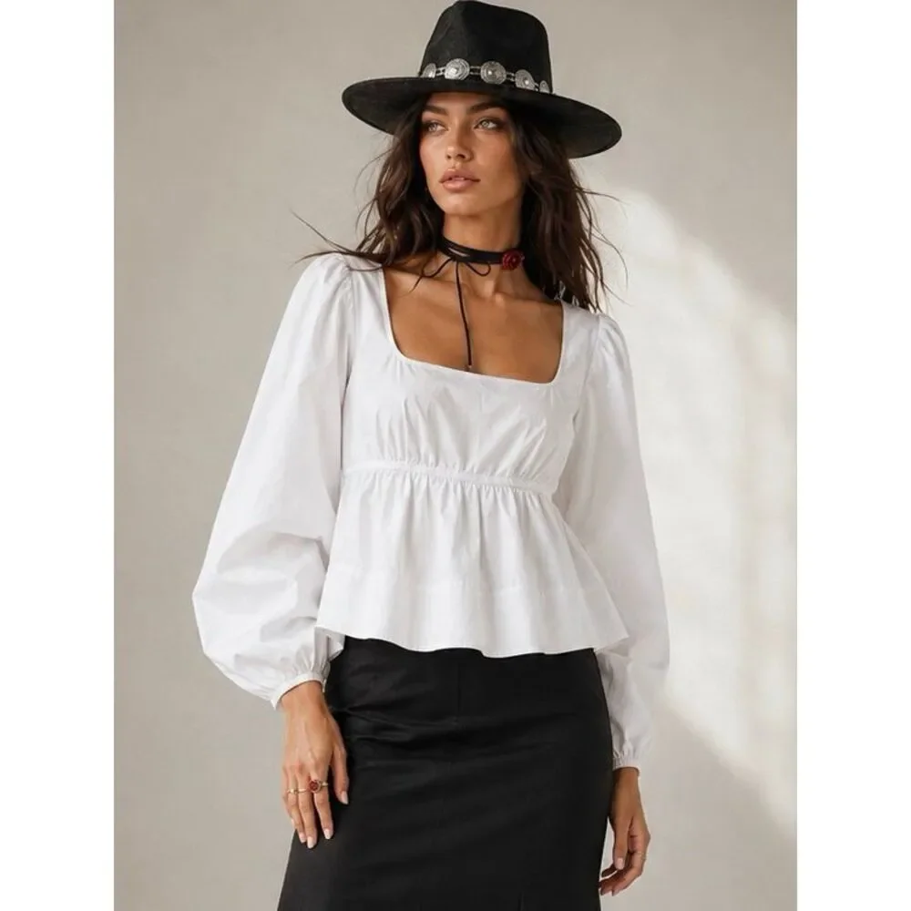 STAUD Sophie Blouse M White Square Neck Babydoll Peplum Puff Sleeve Top
